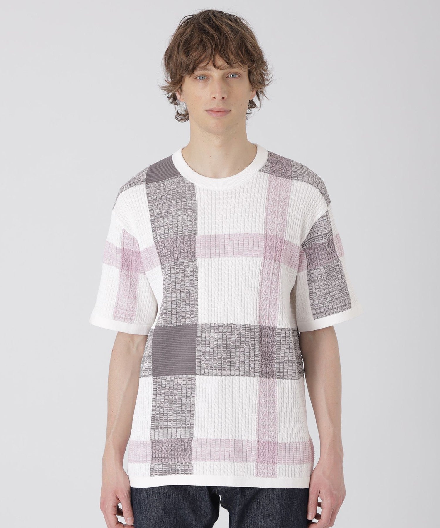 テクスチャーミックスクレストブリッジチェックニットTシャツ（ニット