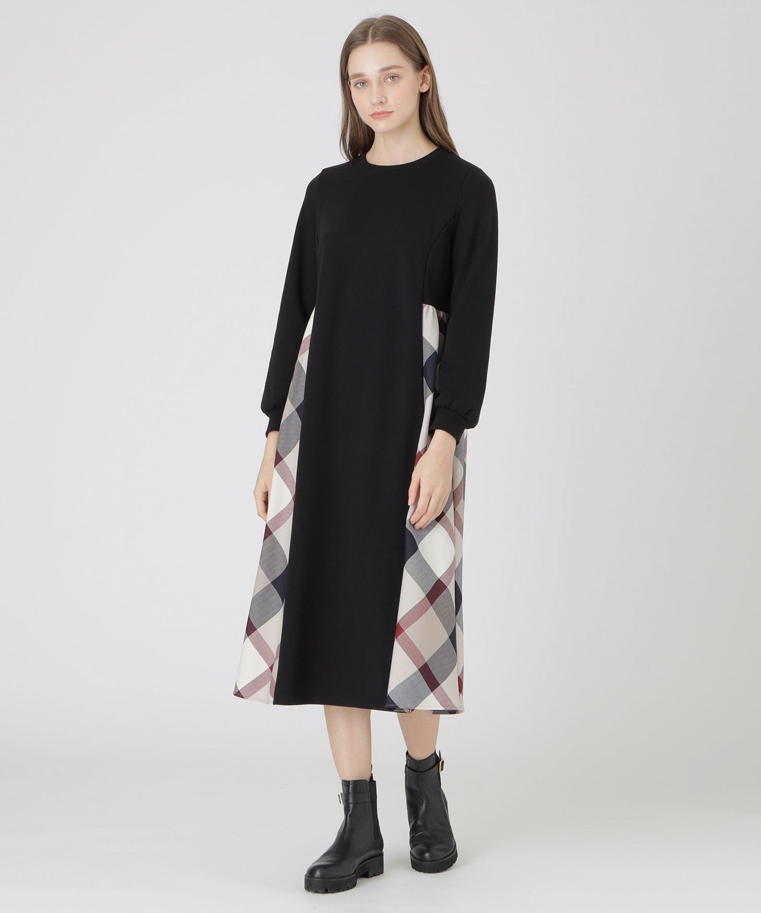 ウールミックスポンチパーシャルチェックド レス サイズ38 ウールミックスポンチパーシャルチェックドレス（ドレス）｜BLUE LABEL