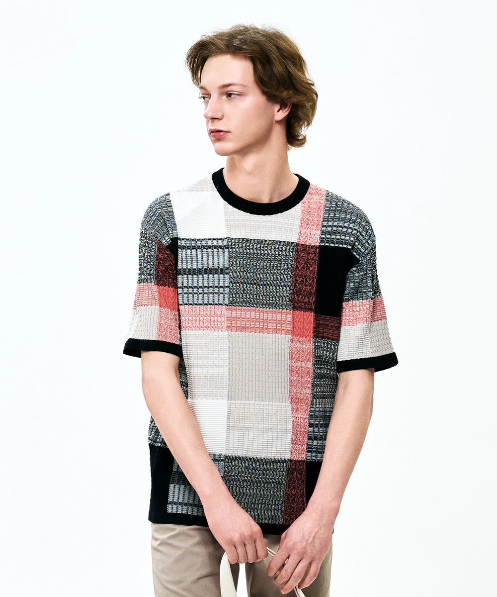 テクスチャーミックスクレストブリッジチェックニットTシャツ