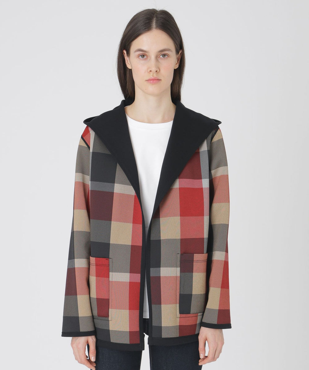 美品　クレストブリッジチェックリバーシブルダンボールコーディガン　ブラウン クレストブリッジチェックリバーシブルダンボールミディ丈コーディガン