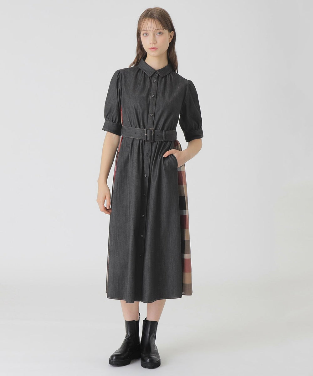 予約販売】デニムライクパーシャルチェックドレス（ドレス