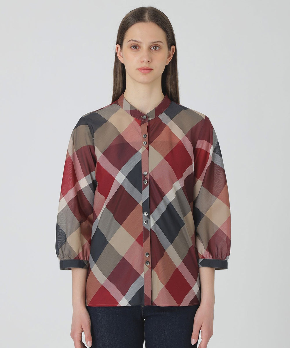 完売 美品 クレストブリッジチェック ボートネックブラウス ３８ 白赤 一部店舗限定】クレストブリッジチェックブラウス（ブラウス）｜BLUE