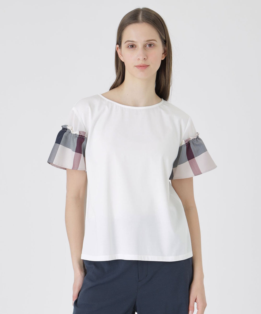 接触冷感】プレーティング天竺チェックスリーブTシャツ（カットソー