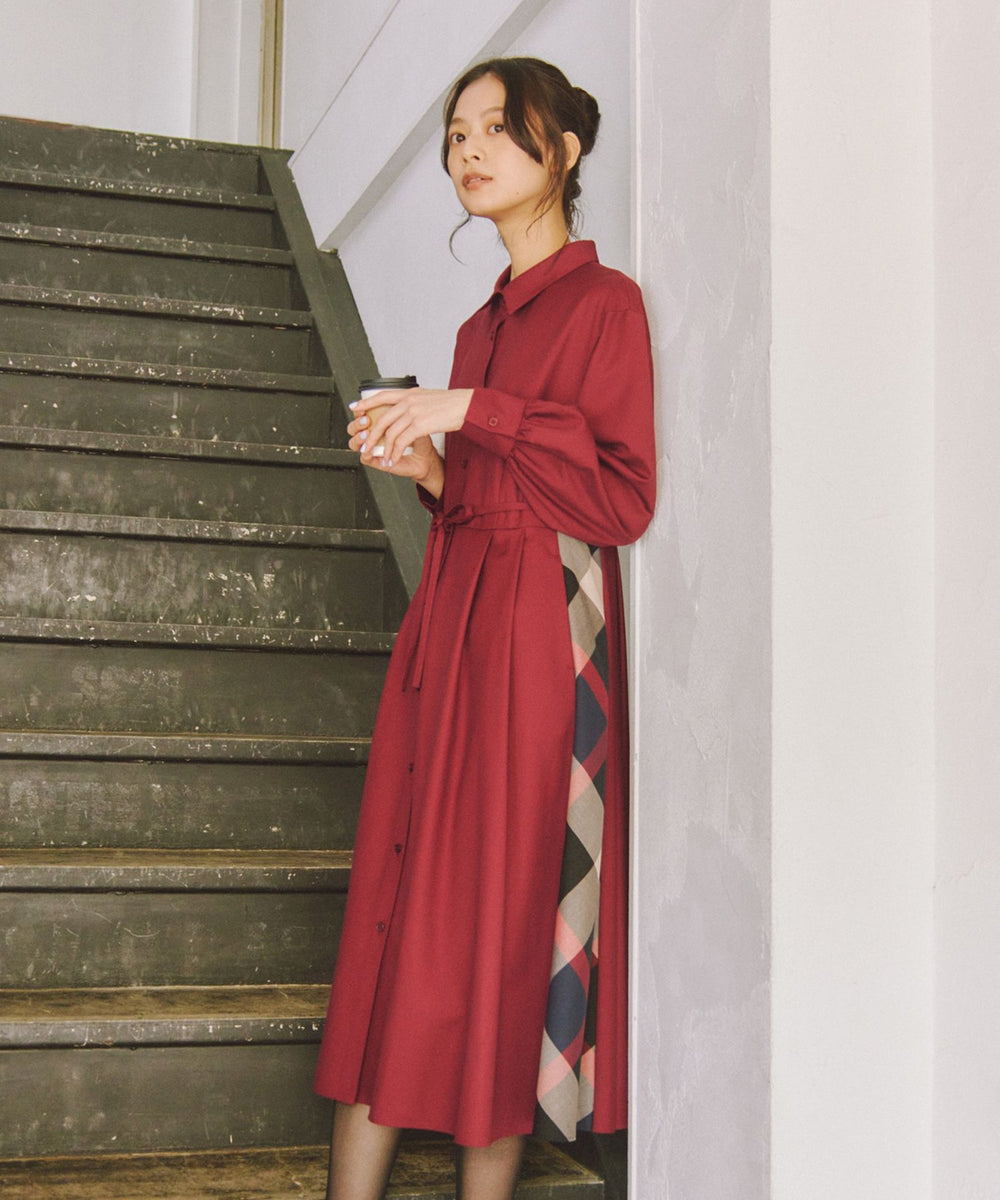 サイドチェック切替タックシャツワンピース