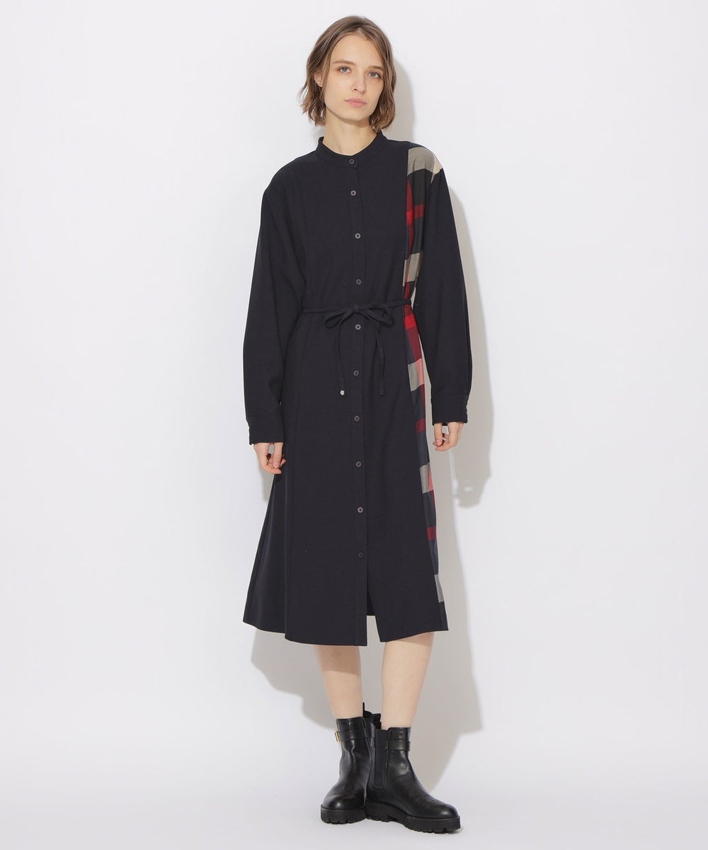 サイドチェック切替ラウンドネックワンピ-ス